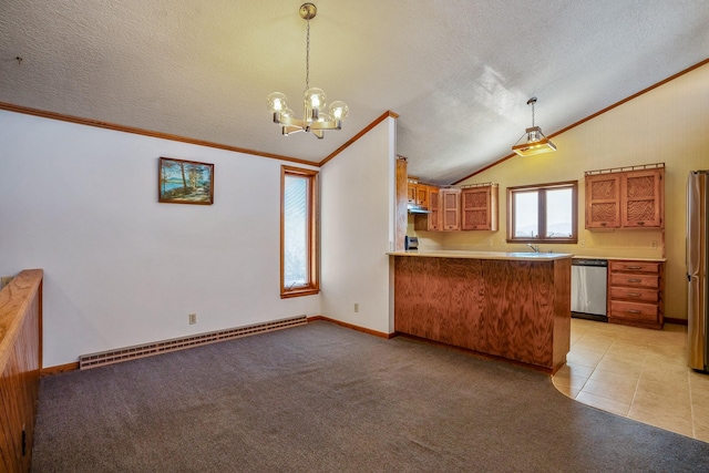 kitchen with brown cabinetry, a textured ceiling, a baseboard heating unit, lofted ceiling, and stainless steel appliances