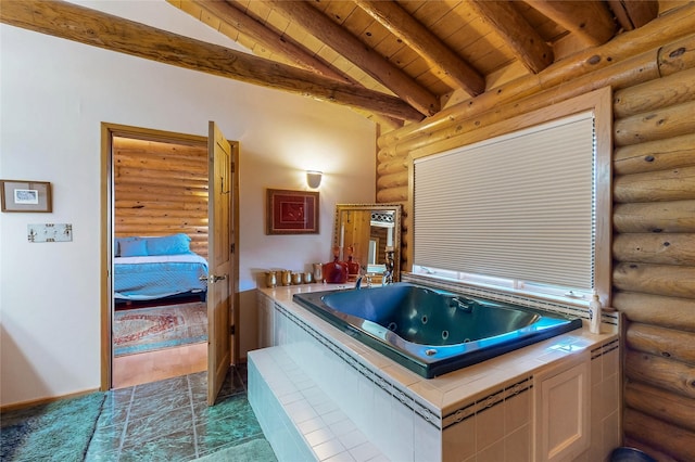 387 County Road B64, Pecos, NM 87552 - full bath with log walls, beam ceiling, a jetted tub, and wooden ceiling