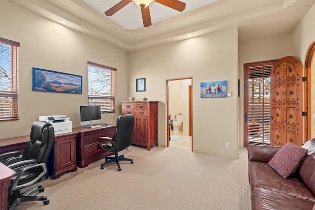office area with recessed lighting, a ceiling fan, plenty of natural light, and light carpet