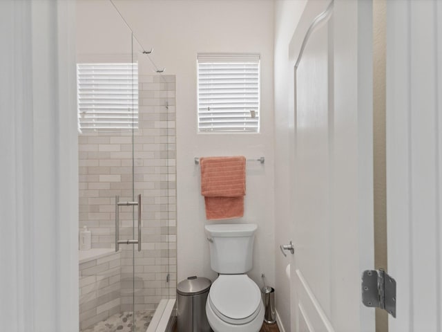 bathroom with a stall shower and toilet