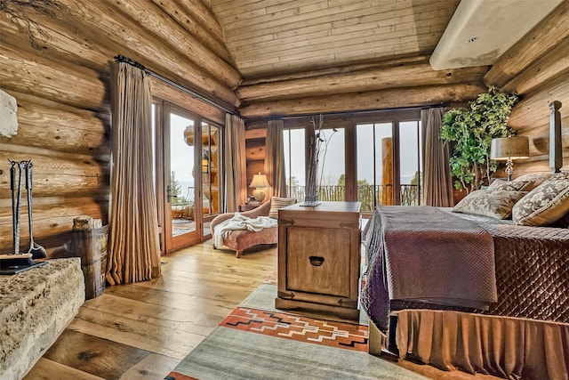 bedroom with vaulted ceiling, hardwood / wood-style flooring, rustic walls, wood ceiling, and access to outside