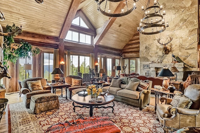 interior space with an inviting chandelier, beamed ceiling, wood ceiling, high vaulted ceiling, and wood-type flooring