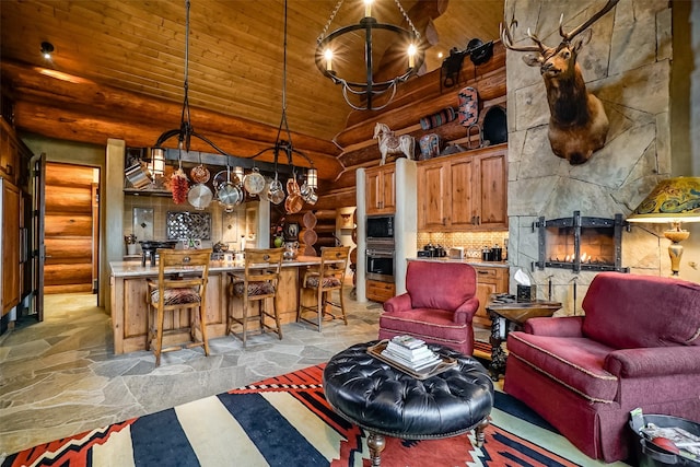 living room featuring a chandelier, log walls, stone floors, wood ceiling, and high vaulted ceiling