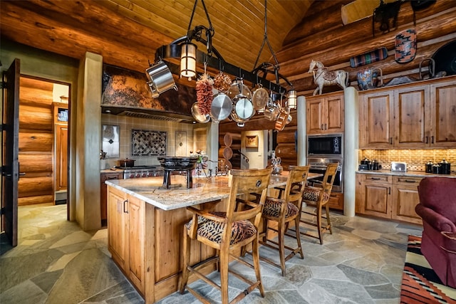 kitchen with wood ceiling, log walls, built in microwave, and wall oven