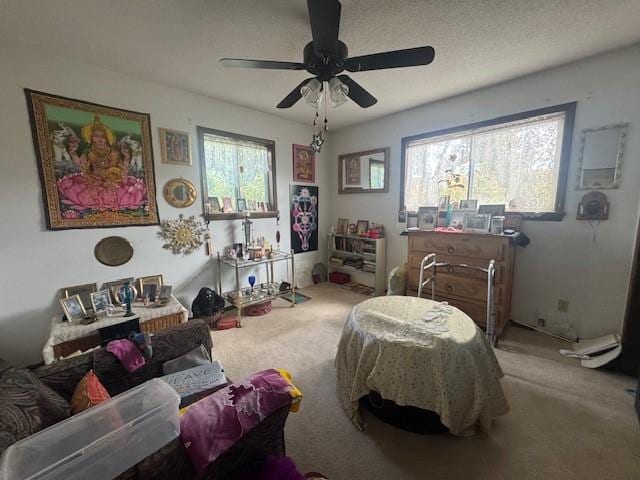 bedroom with ceiling fan and carpet floors