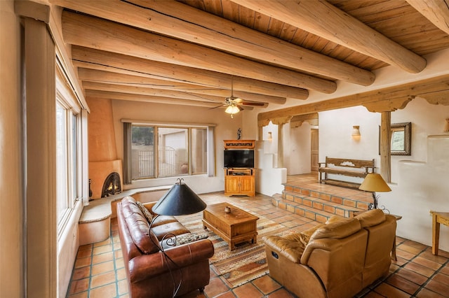living area with wood ceiling, beamed ceiling, and ceiling fan