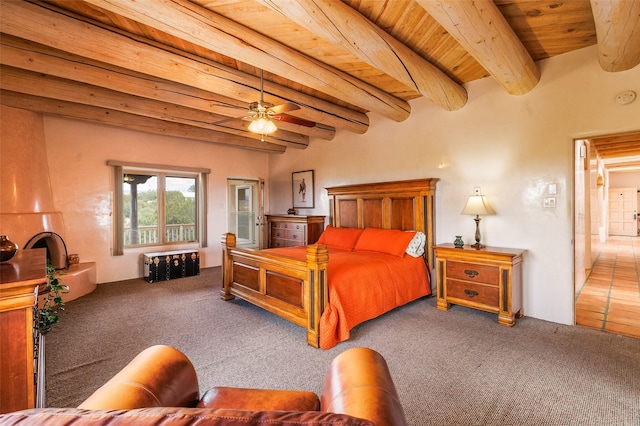 67A Blue Canyon Trl, Santa Fe, NM 87507 - bedroom featuring wood ceiling, carpet, and beam ceiling