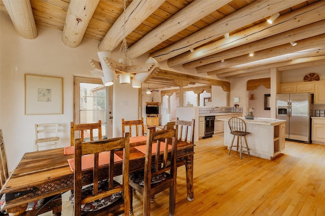 dining space featuring beamed ceiling, light wood-style floors, and wood ceiling