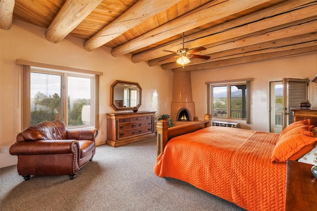 carpeted bedroom featuring wood ceiling, beamed ceiling, and access to exterior