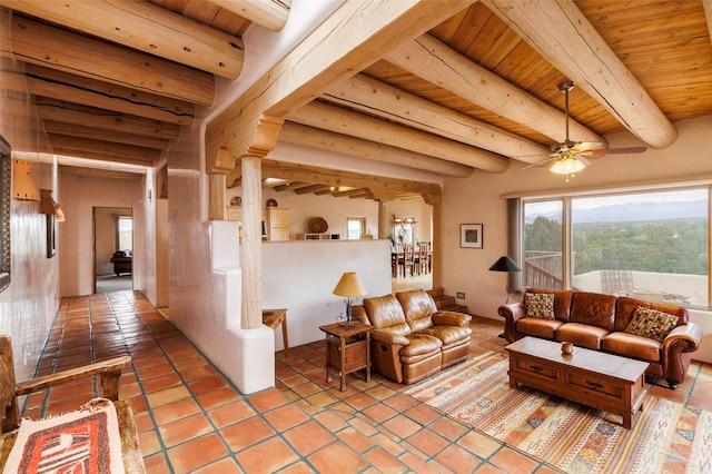 living area with wood ceiling, ceiling fan, light tile patterned floors, and beamed ceiling