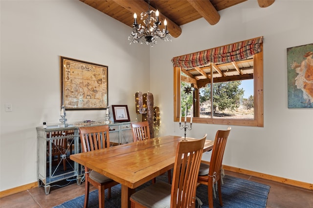dining area with baseboards, beam ceiling, wooden ceiling, and an inviting chandelier