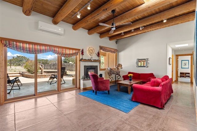 living area featuring a glass covered fireplace, track lighting, wood ceiling, beamed ceiling, and a wall unit AC