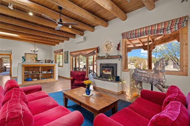 tiled living area featuring a wall mounted air conditioner, wooden ceiling, beamed ceiling, a glass covered fireplace, and ceiling fan with notable chandelier