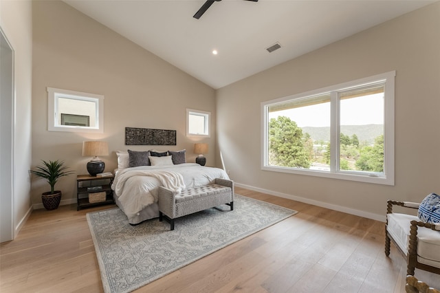 bedroom with recessed lighting, visible vents, a ceiling fan, light wood-style floors, and baseboards