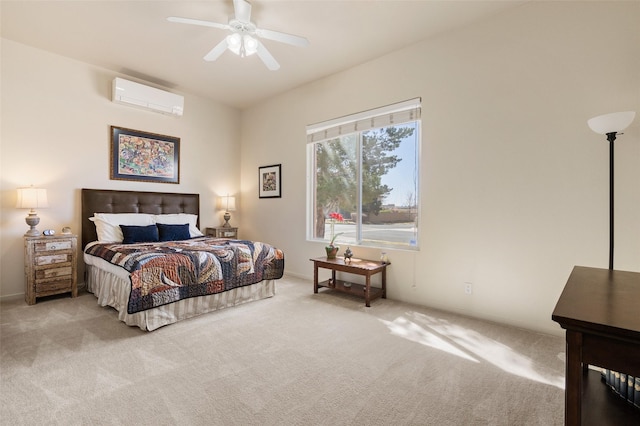 carpeted bedroom with a wall mounted air conditioner and a ceiling fan
