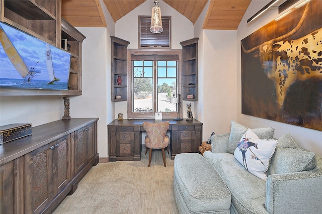 office space featuring wood ceiling and high vaulted ceiling