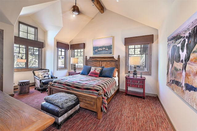 carpeted bedroom with baseboards, beam ceiling, high vaulted ceiling, and multiple windows