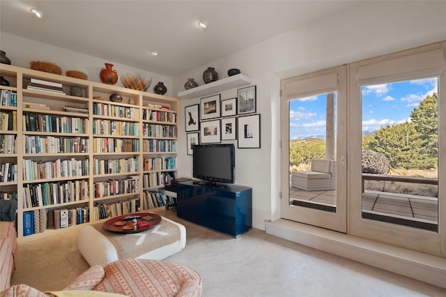 living area with carpet