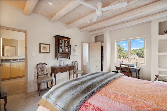 bedroom with ensuite bathroom, a sink, beamed ceiling, wooden ceiling, and recessed lighting