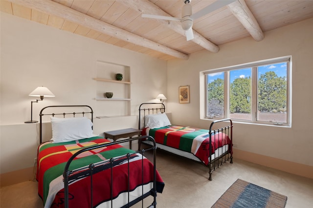 carpeted bedroom with wood ceiling and beam ceiling