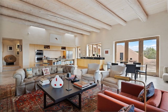living room with wood ceiling and beam ceiling