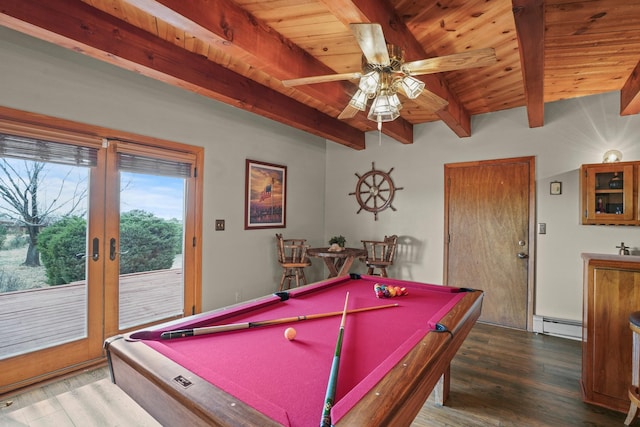11 Sierra Lejana, Santa Fe, NM 87508 - rec room featuring beamed ceiling, wood finished floors, ceiling fan, billiards, and wooden ceiling