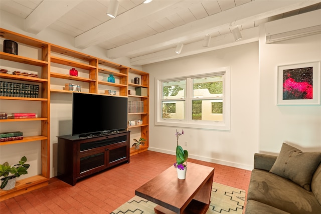 living room with brick floor, wooden ceiling, baseboards, beam ceiling, and a wall unit AC