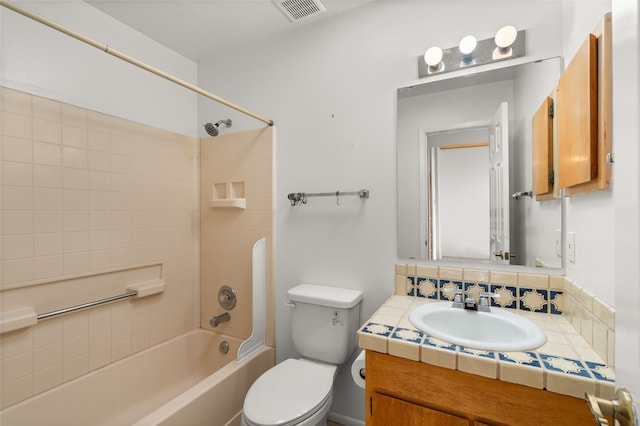 full bathroom featuring visible vents, toilet, vanity, and  shower combination