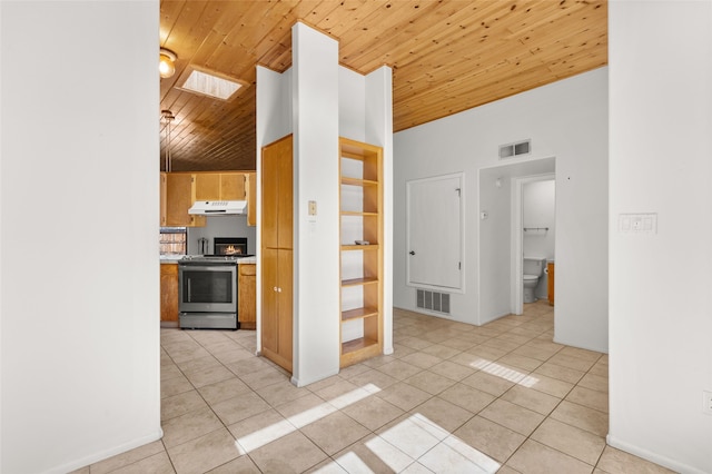 interior space featuring wood ceiling, stainless steel electric range, under cabinet range hood, and visible vents