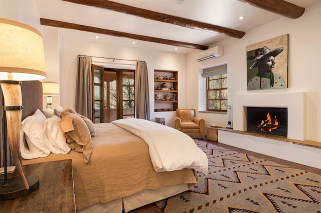 6 El Nido Ln, Santa Fe, NM 87506 - bedroom featuring beamed ceiling, a lit fireplace, a wall mounted AC, and recessed lighting