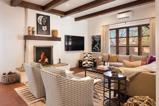 6 El Nido Ln, Santa Fe, NM 87506 - living room with an AC wall unit, beam ceiling, and a lit fireplace