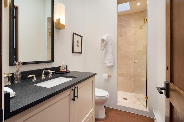 6 El Nido Ln, Santa Fe, NM 87506 - full bathroom with a baseboard radiator, vanity, toilet, and a stall shower