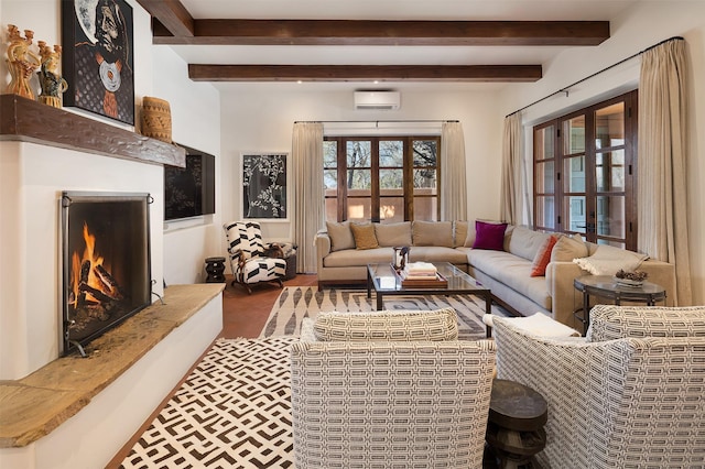 6 El Nido Ln, Santa Fe, NM 87506 - living area with beamed ceiling, a warm lit fireplace, and a wall unit AC