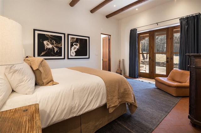 6 El Nido Ln, Santa Fe, NM 87506 - bedroom with access to exterior, recessed lighting, beamed ceiling, a ceiling fan, and brick floor
