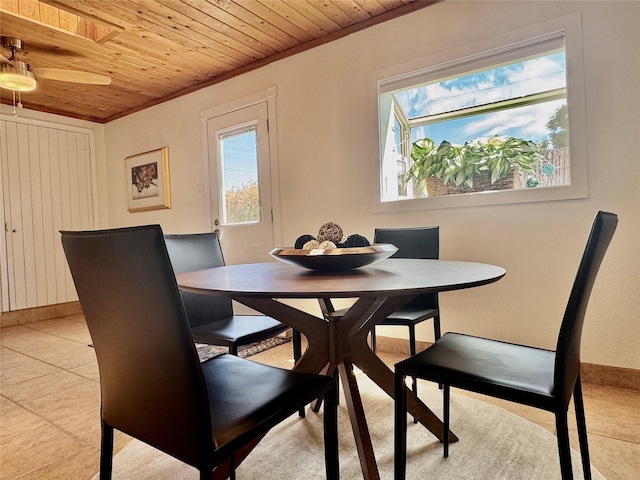 dining area with crown molding, wooden ceiling, baseboards, and a healthy amount of sunlight