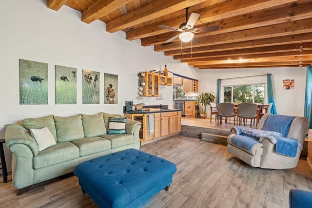 7689 Old Santa Fe Trl Unit C, Santa Fe, NM 87505 - living room with wooden ceiling, ceiling fan, beamed ceiling, and light wood-type flooring