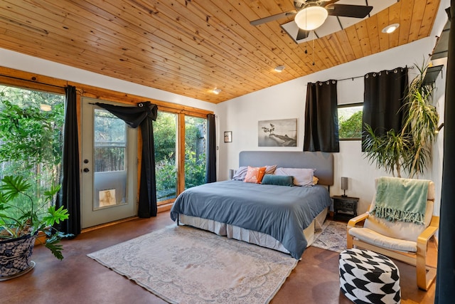 7689 Old Santa Fe Trl Unit C, Santa Fe, NM 87505 - bedroom with multiple windows, wood ceiling, access to outside, and concrete flooring