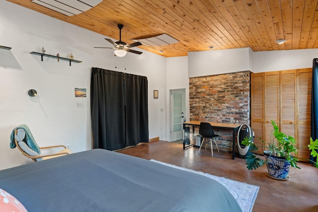 7689 Old Santa Fe Trl Unit C, Santa Fe, NM 87505 - bedroom featuring concrete floors, wooden ceiling, and a high ceiling