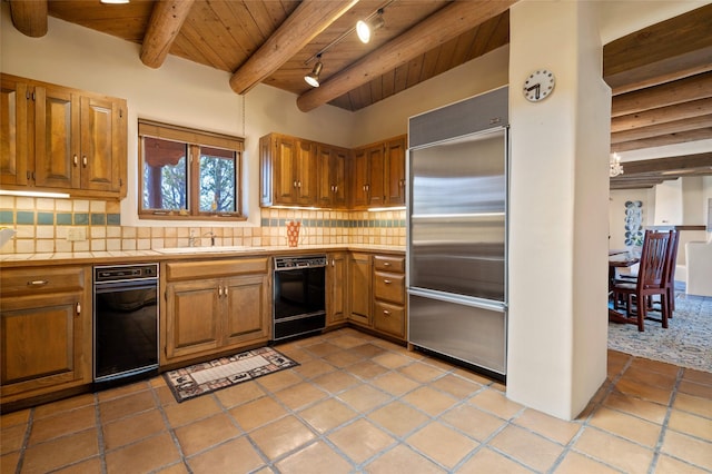kitchen featuring a sink, brown cabinetry, wood ceiling, stainless steel built in refrigerator, and black dishwasher