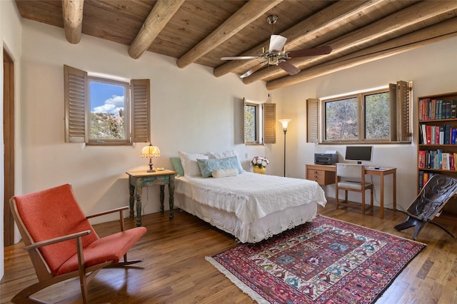 bedroom featuring wood ceiling, wood finished floors, and beamed ceiling