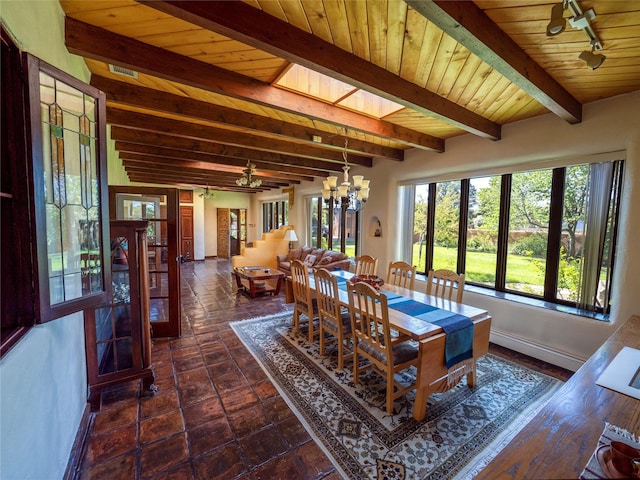 dining space featuring wood ceiling, a wealth of natural light, and beam ceiling