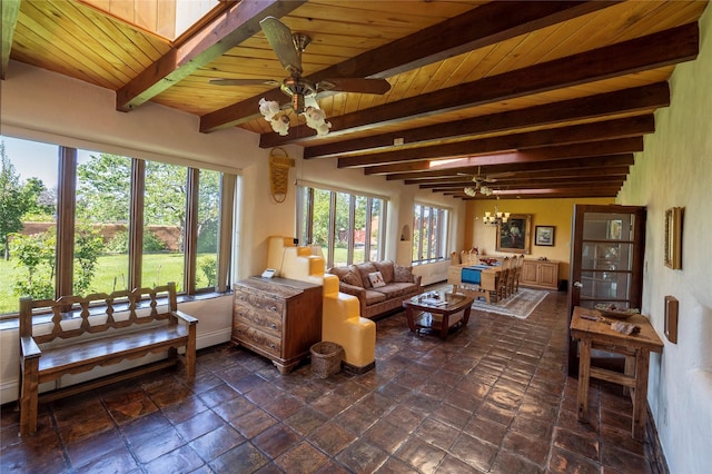 living area with wooden ceiling, baseboards, a ceiling fan, and beam ceiling