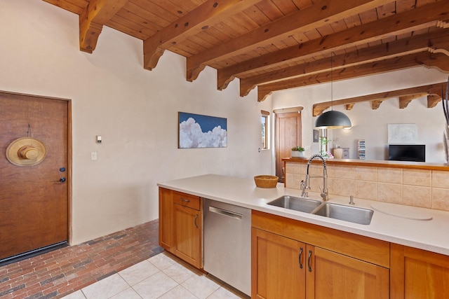 kitchen with wooden ceiling, a sink, pendant lighting, dishwasher, and light countertops