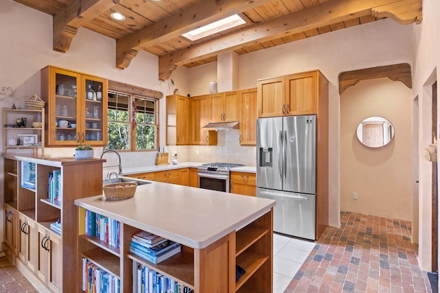 kitchen featuring stainless steel appliances, a sink, open shelves, wooden ceiling, and under cabinet range hood