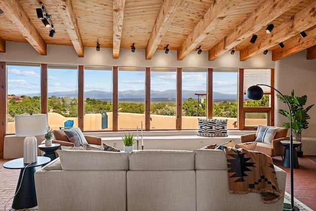 sunroom with rail lighting, beamed ceiling, a mountain view, and a healthy amount of sunlight