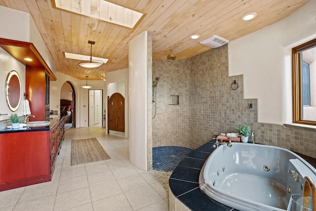full bathroom with tile patterned floors, visible vents, walk in shower, a tub with jets, and wooden ceiling