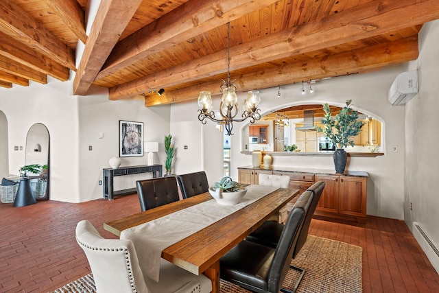 dining area featuring a wall mounted air conditioner, wooden ceiling, arched walkways, a baseboard radiator, and a notable chandelier