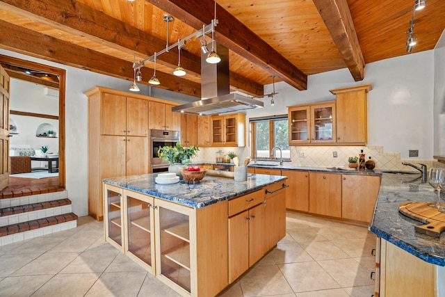 kitchen featuring light tile patterned floors, wooden ceiling, backsplash, and island range hood