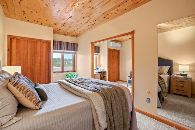 bedroom featuring baseboards, wood ceiling, and a wall unit AC