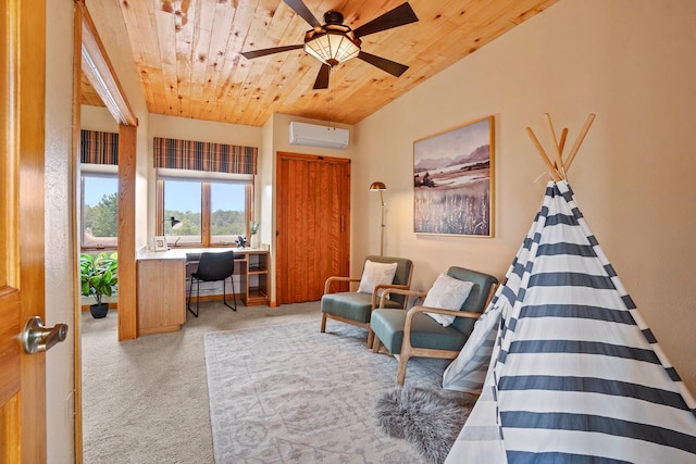 interior space featuring built in desk, an AC wall unit, wooden ceiling, a ceiling fan, and carpet flooring
